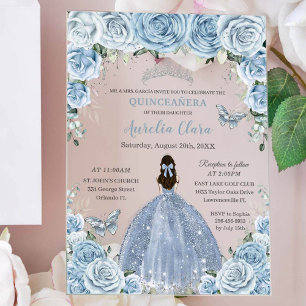 Quinceañera XV Baby Blau Floral Prinzessin Silber Acryleinladungen