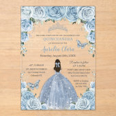 Quinceañera XV Baby Blue Floral Princess Silver Acryleinladungen (Vorderseite)