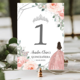 Quinceañera XV Birthday Blush Pink Floral Princess Tischnummer