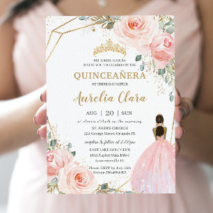 Quinceañera XV Blush Pink Floral Brown Princess Einladung