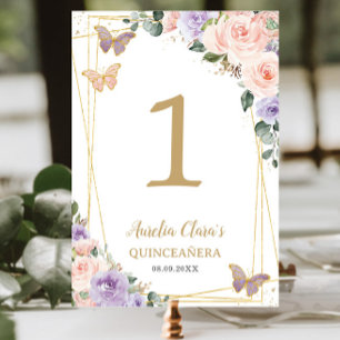 Quinceañera XV Geburtstagsblush Lila Lilac Floral Tischnummer