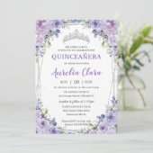 Quinceañera XV Lila Lilac Floral Silver Crown Einladung (Stehend Vorderseite)