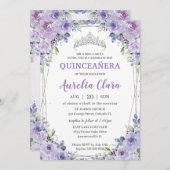 Quinceañera XV Lila Lilac Floral Silver Crown Einladung (Vorne/Hinten)