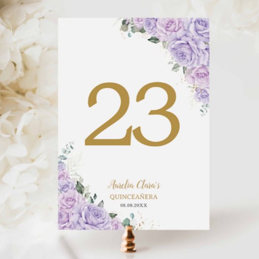 Quinceanera XV Purple Lilac Roses Floral Gold Tischnummer
