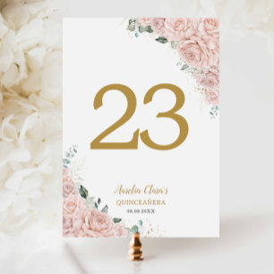 Quinceanera XV Rosen zartrosa Floral Gold Tischnummer