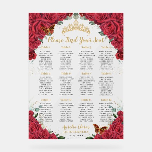 Quinceañera XV Rote Rosen Blumengoldsitzplatz Acrylschild (Vorderseite)