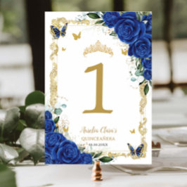 Quinceañera XV Royal Blue Floral Gold Schmetterlin Tischnummer