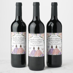 Quinceañera XV Sweet 16 Lilac Blush Floral Twins Weinetikett