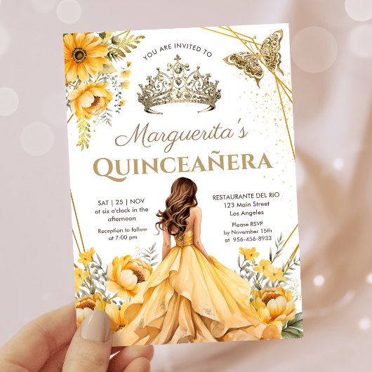 Quinceañera Yellow Floral Gold Tiara Princess Einladung