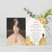 Quinceañera Yellow Floral Princess Crown Geburtsta Einladung (Stehend Vorderseite)