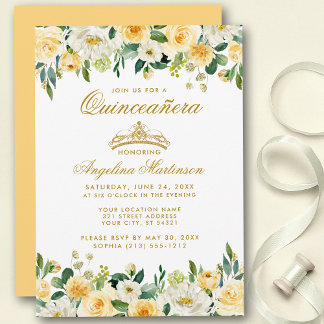 Quinceanera Yellow Gold Weiße Blütenkrone Einladun Einladung