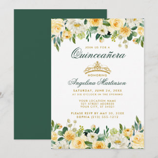 Quinceanera Yellow Green Floral Gold Crown Einladu Einladung