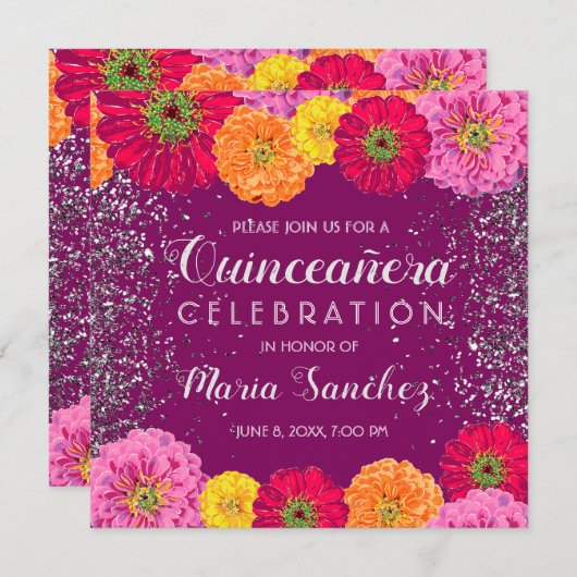 Quinceañera Zinnia Glitzer Lila Party Einladung (Vorne/Hinten)