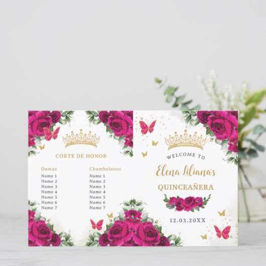 Quinceñera 15 Fuchsia Pink Floral Gold Programm (Stehend Vorderseite)