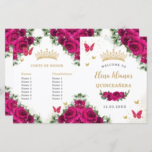 Quinceñera 15 Fuchsia Pink Floral Gold Programm (Vorne/Hinten)