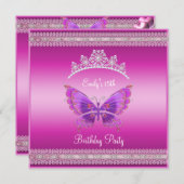 Quincenera 15. Fushia Pink Silver Tiara Butterfly Einladung (Vorne/Hinten)