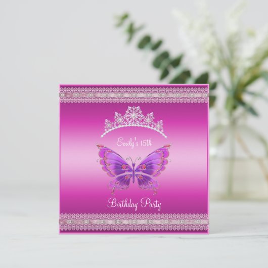 Quincenera 15. Fushia Pink Silver Tiara Butterfly Einladung (Stehend Vorderseite)