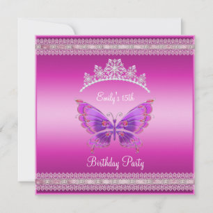 Quincenera 15. Fushia Rosa Silber-Tiara-Schmetterl Einladung