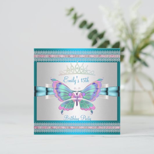 Quincenera 15. Weiße Aquamarine Blauer Rosa Schmet Einladung (Stehend Vorderseite)