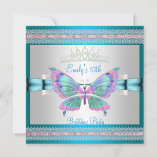 Quincenera 15. Weiße Teal Blaue Pinkfarbene Butter Einladung