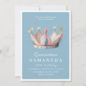 Quinceñera 16 Royal Blue Floral Gold Crown Einladung (Vorderseite)