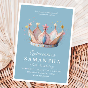 Quinceñera 16 Royal Blue Floral Gold Crown Einladung