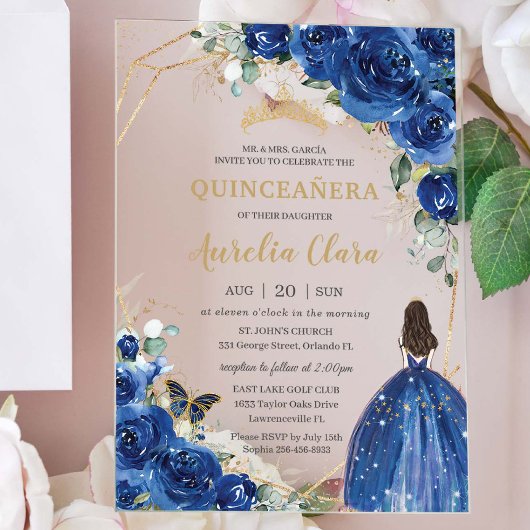Quinceñera 16 Royal Blue Floral Gold Schmetterling Acryleinladungen