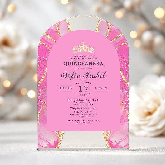 Quinceñera Blush Pink Gold Agate Elegante Acryleinladungen