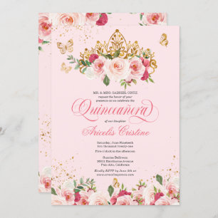 Quinceñera Butterfly & Blush Pink Aquarell Rose Einladung