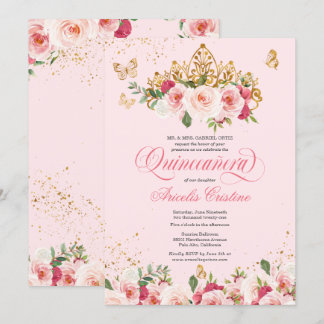 Quinceñera Butterfly & Blush Pink Aquarell Rose Einladung