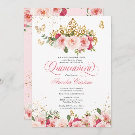 Quinceñera Butterfly & Blush Pink Aquarell Rose Einladung (Vorne/Hinten)