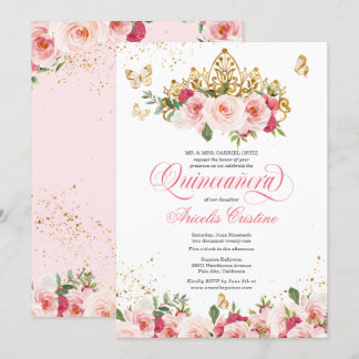 Quinceñera Butterfly & Blush Pink Aquarell Rose Einladung