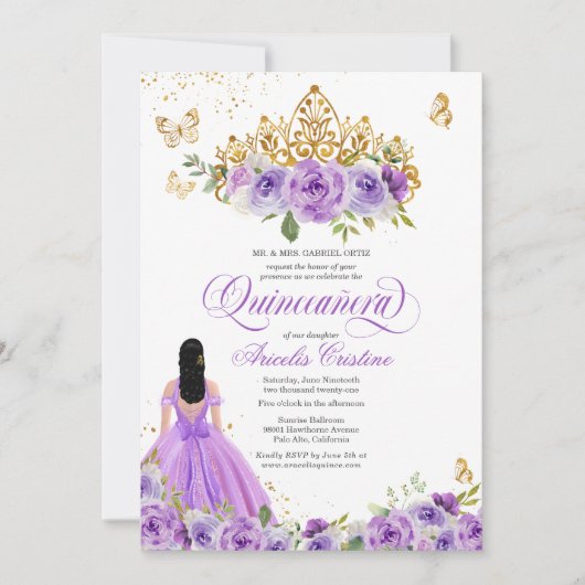 Quinceñera Butterfly & Lila Aquarellfarben Blume Einladung (Vorderseite)