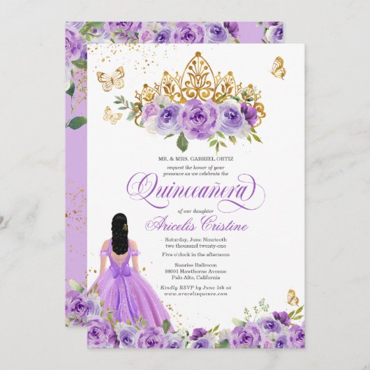 Quinceñera Butterfly & Lila Aquarellfarben Blume Einladung (Vorne/Hinten)