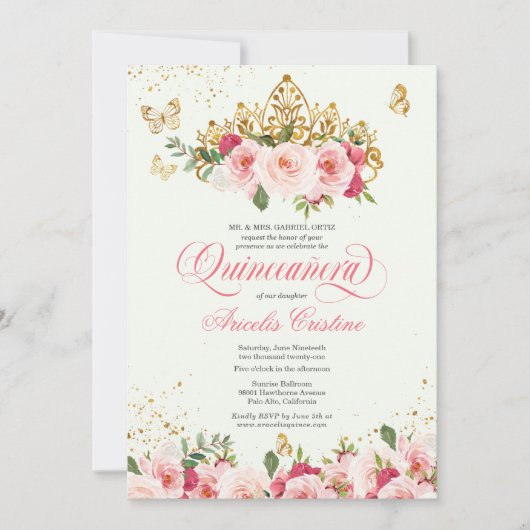 Quinceñera Butterfly Mint & Pink Aquarell Rose Einladung (Vorderseite)