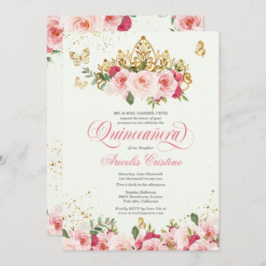 Quinceñera Butterfly Mint & Pink Aquarell Rose Einladung (Vorne/Hinten)