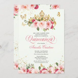 Quinceñera Butterfly Mint & Pink Aquarell Rose Einladung