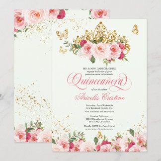 Quinceñera Butterfly Mint & Pink Aquarell Rose Einladung