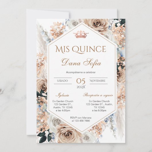 Quincenera Einladung auf Spanisch BohoFloral (Vorderseite)