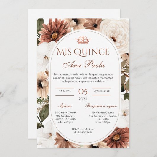 Quincenera Einladung auf Spanisch BohoFloral (Vorne/Hinten)