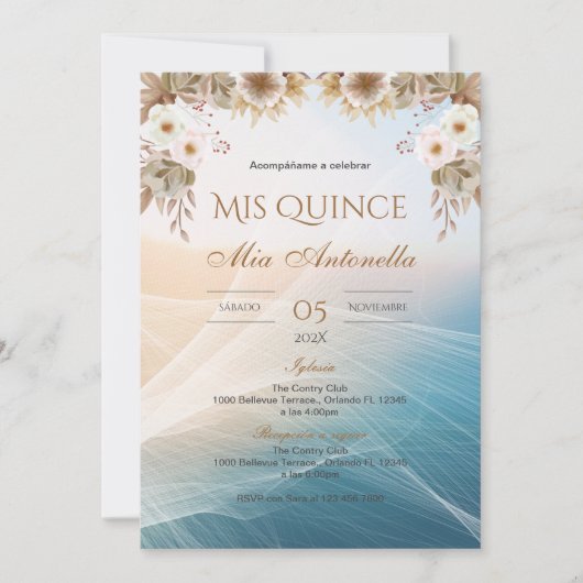 Quincenera Einladung auf Spanisch BohoFloral (Vorderseite)