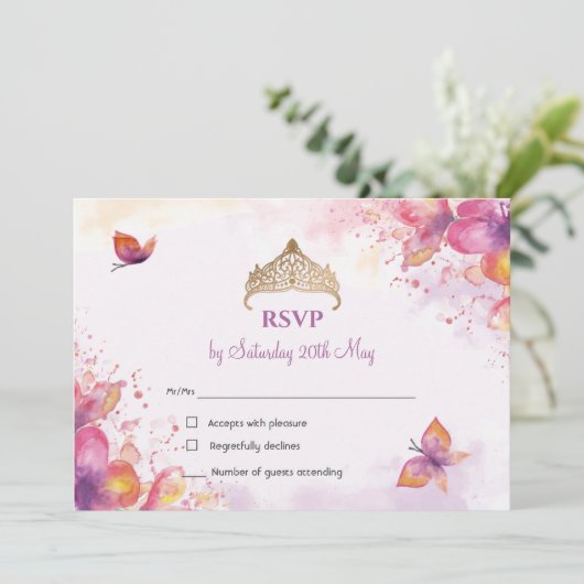 Quinceñera in Aquarellschmetterlingen RSVP-Karte Einladung (Stehend Vorderseite)