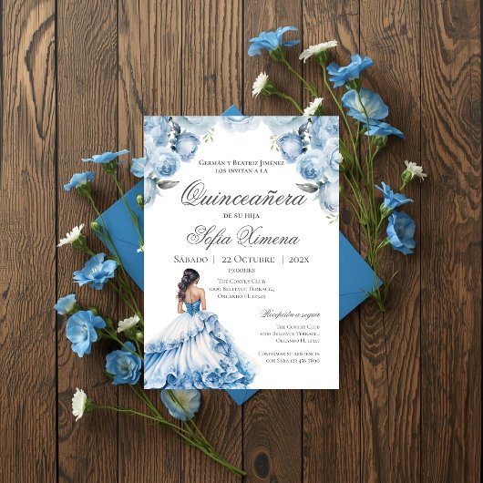 Quincenera Invitation in Spanish Blue Einladung