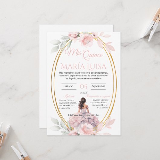 Quinceñera Invitation in Spanish Pink Floral Einladung (Vorderseite/Rückseite Beispiel)
