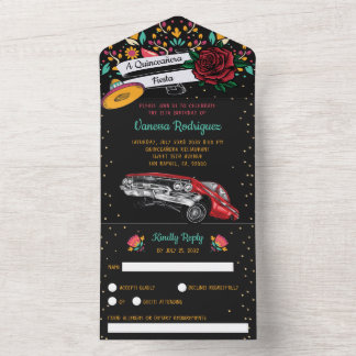 Quinceñera mexican fiesta Blütenroter Tiefer All In One Einladung