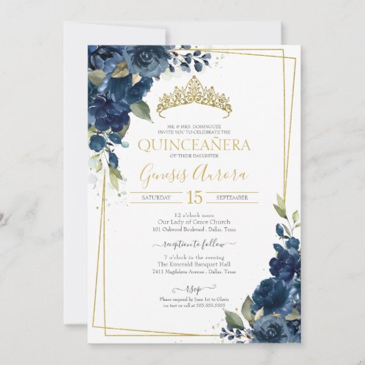Quinceñera Navy Blue Elegante Wasserfarben Einladung (Vorderseite)