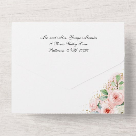 Quinceñera Pink und Gold Blume All In One Einladung (Rückseite)