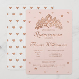 Quinceñera Princess Crown & Heart Rose Gold Einladung