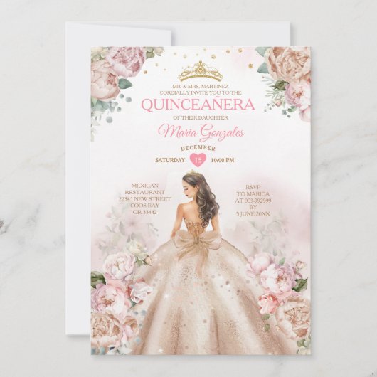 Quinceñera Prinzessin Champagner und Blush Pink Einladung (Vorderseite)