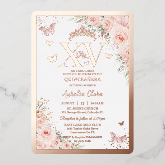 Quinceñera Quince 15 XV Blush Rose Gold Folieneinladung (Vorderseite)
